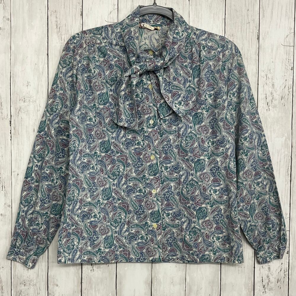 Gordon Paisley Button Down Long Sleeve Bow Tie Neck Western Vintage Blouse 6